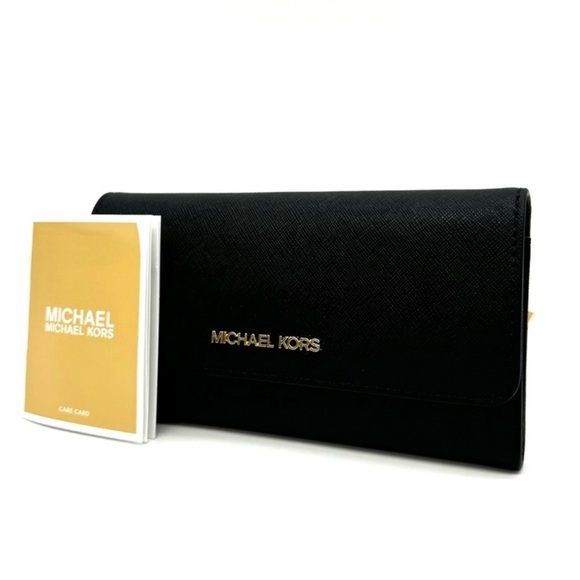 Michael Kors Large Trifold Wallet Black Leather Rich Black/Gold - Picture 2 of 8